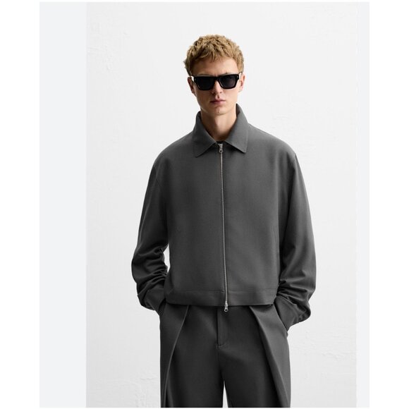Zara Mens Cropped  Jacket M Medium Gray Full Zip Twill 0706/958 NWT - Picture 1 of 10